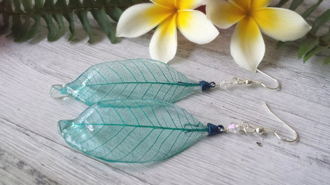 Teal Skeleton Leaf Earrings