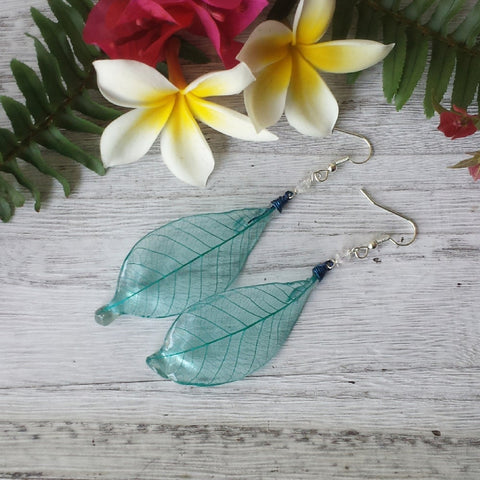 Teal Skeleton Leaf Earrings