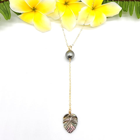 Tahitian Pearl and Monstera Drop Necklace